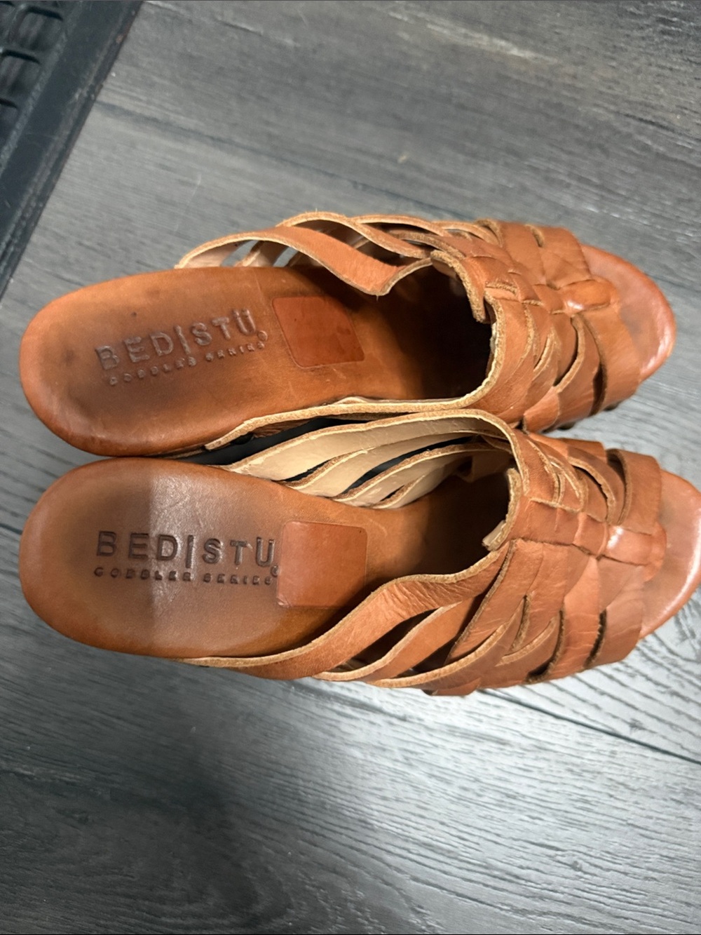BED|STU Cognac Braided Leather Slide Sandals